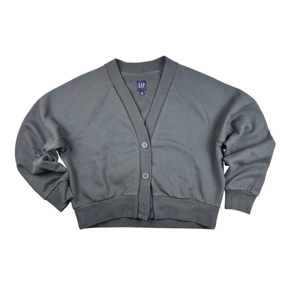 Gap Women Gray Fleece Cropped Cardigan Button Front Raglan Sweater XS